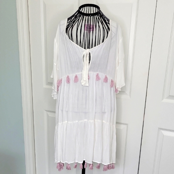 KOS RESORT White Beach Cover-Up with Pink Tassels Size Small - Picture 1 of 7